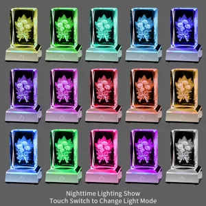 3D laser engraved crystal flower night light showing 15 different LED color modes
