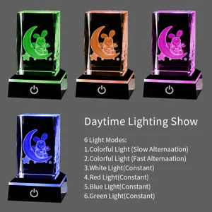 Veilleuse en cristal 3D gravé avec lapin et lune, avec 6 modes d'éclairage LED