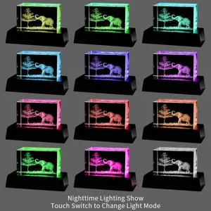Luz nocturna de cristal de elefante grabada en 3D con 12 modos de base LED de colores