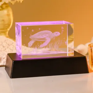Detailed view of a 3D laser etched sea turtle inside a glowing crystal block night light