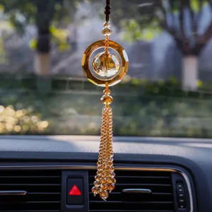 Amber crystal car hanging ornament, crystal sphere and tassel pendant for vehicle decor.
