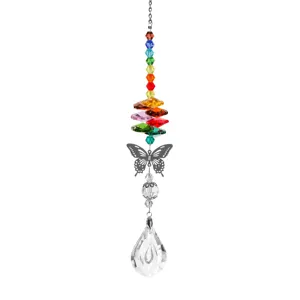 Detailed view of a handmade crystal suncatcher featuring rainbow beads and a butterfly charm