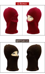 Showcase of red and brown knitted balaclavas with soft plush lining for winter