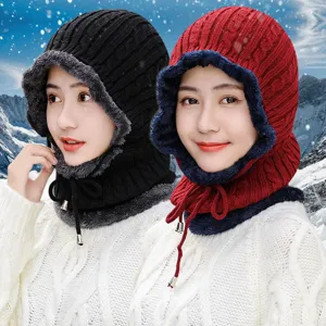 Damen Winter Vliesgefüttert Integrierte Strickmütze Zopfmuster Warm Sturmhaube Pullover Mütze Winddicht Ohrenschutz Outdoor Radsport Kappe