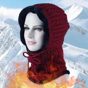 Winterliche Strickmütze für Damen in Weinrot mit dickem Fleece-Futter und Kordelzug für Wärme