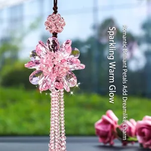 Elegant pink crystal lotus flower car hanging ornament with sparkling faceted bead tassels