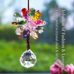 Colorful crystal sunburst flower car hanging ornament with faceted crystal ball.