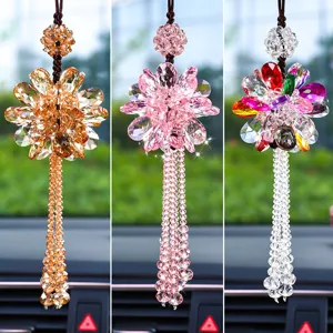 Elegant sparkling crystal flower car hanging ornaments with long beaded tassels