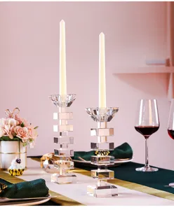 Elegant European crystal candle holders on a decorated dining table for home decor