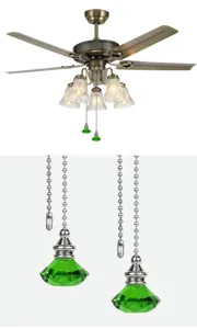 Close-up of green diamond-shaped crystal pull chain pendants on European ceiling fan