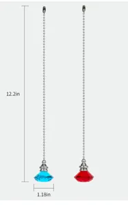 Detailed dimension view of diamond-shaped crystal fan pull chains in blue and red
