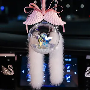 Transparent Snowflake Crystal Ball Car Pendant Interior Rearview Mirror Decoration With Angel Figure Bow And Faux Fur Tassel