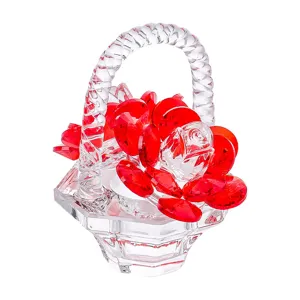 Close-up macro view showing detailed vibrant red crystal roses in a transparent flower basket