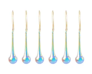 Elegante juego de 6 adornos navideños de gota iridiscente con cordón dorado para colgar
