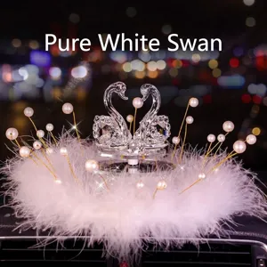 Elegant crystal swan car ornament with plush white feathers and pearls dashboard decor