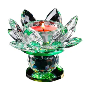 Elegante portavelas de loto de cristal verde para decoración y ofrendas religiosas