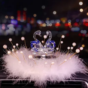 Elegant crystal swan car ornament decorated with white feathers and pearls for car interior
