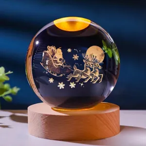 Detailed macro view of Santa and reindeer engraving inside glowing crystal ball