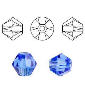 Detailed view of 4mm blue bicone crystal beads with technical geometric diagrams