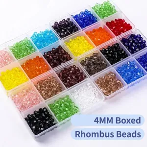 Detail view of 4mm bicone crystal beads in various colors sorted in a plastic box