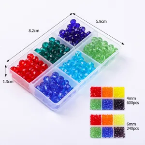 Detail showing 6-grid box of 4mm and 6mm faceted crystal glass beads with dimensions