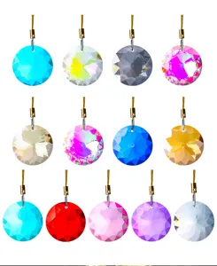 Detailed view of assorted 30mm round faceted crystal suncatchers in various colors