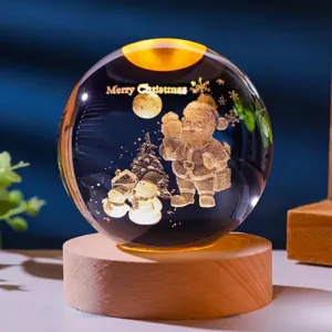 Detail view of 3D laser-engraved Christmas crystal ball night light with Santa Claus