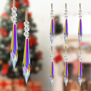 Detailed view of faceted iridescent crystal drop pendants for Christmas tree decoration