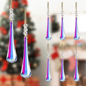 Set of 8 iridescent crystal teardrop Christmas tree ornaments with gold hanging strings