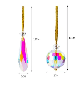 Detailed dimensions of iridescent crystal Christmas ornaments in teardrop and sphere shapes