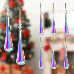 Vibrant teardrop crystal Christmas tree pendants with colorful rainbow light reflections