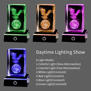 3D laser engraved crystal night light with eagle globe design and six LED light modes