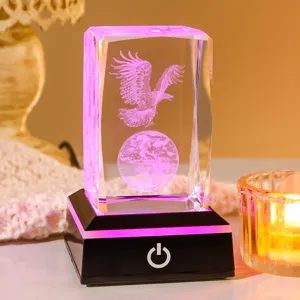 Detail view of 3D laser engraved crystal cube night light featuring an eagle and globe