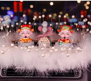 Adorable Caishen God of Wealth car dashboard ornament set with white feathers and elegant pearls