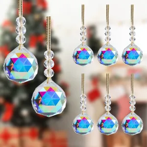 Close-up of faceted iridescent crystal ball pendants for Christmas tree decoration
