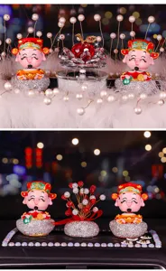 Detailed view of two sets of God of Wealth car ornaments with crystal apple and beaded tree
