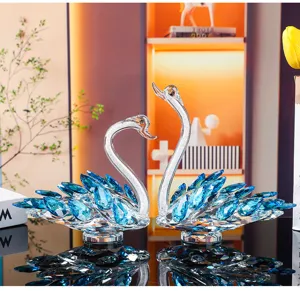 Pair of elegant blue and clear crystal swan figurines for home or car decoration