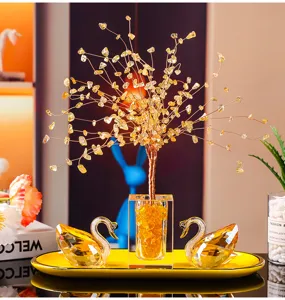 Luxury K9 crystal swan and money tree figurine set for elegant home decor and premium gifts.