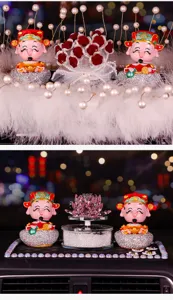 Exquisite crystal God of Wealth car ornaments with rhinestone base and decorative flowers