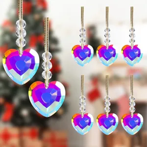 Iridescent heart-shaped crystal pendants for Christmas tree decoration set of eight.