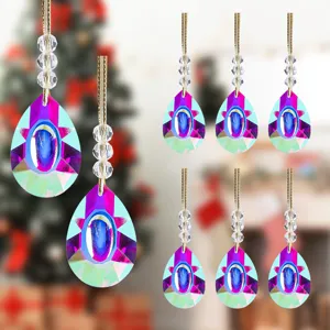 8-piece set of iridescent teardrop crystal Christmas tree hanging ornaments with gold cords