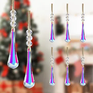 Detailed view of iridescent icicle Christmas ornaments with AB coating and gold strings