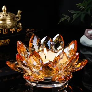 Exquisite amber crystal lotus flower candle holder with faceted petals for home decor