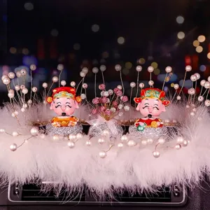 Luxurious God of Wealth Caishen car dashboard ornament set on white feather and pearl base