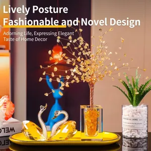 Luxury K9 crystal swan figurines and fortune tree on yellow tray for home decoration