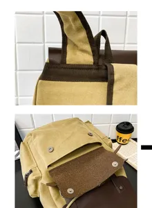 Detalle de la mochila de lona vintage con cierres magnéticos y textura de tela