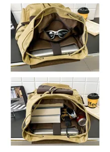 Detalles del interior de una mochila vintage de lona con cordón para portátil
