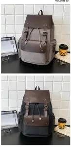 Mochila de lona vintage en gris y negro con correas de cuero marrón para viajar