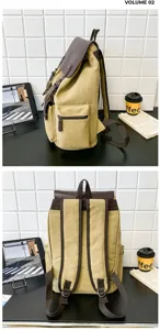 Vista lateral y trasera de una mochila de lona caqui retro con detalles en marrón