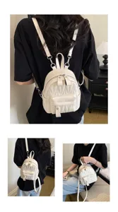 Model draagt een stijlvolle witte mini rugzak met gewatteerd design vanuit meerdere hoeken.